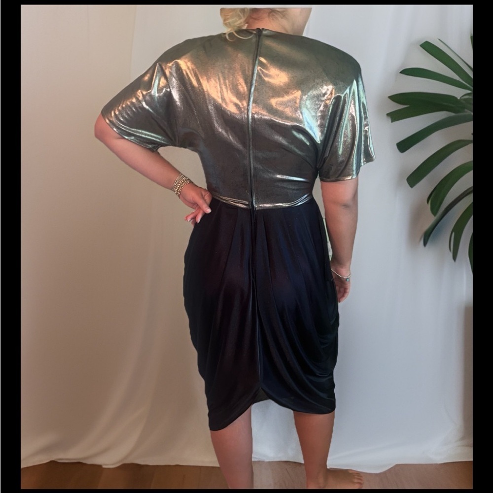 VTG 80s Indie Sleaze Art Deco Disco Silver & Over Drop Jersey Party Dress 12